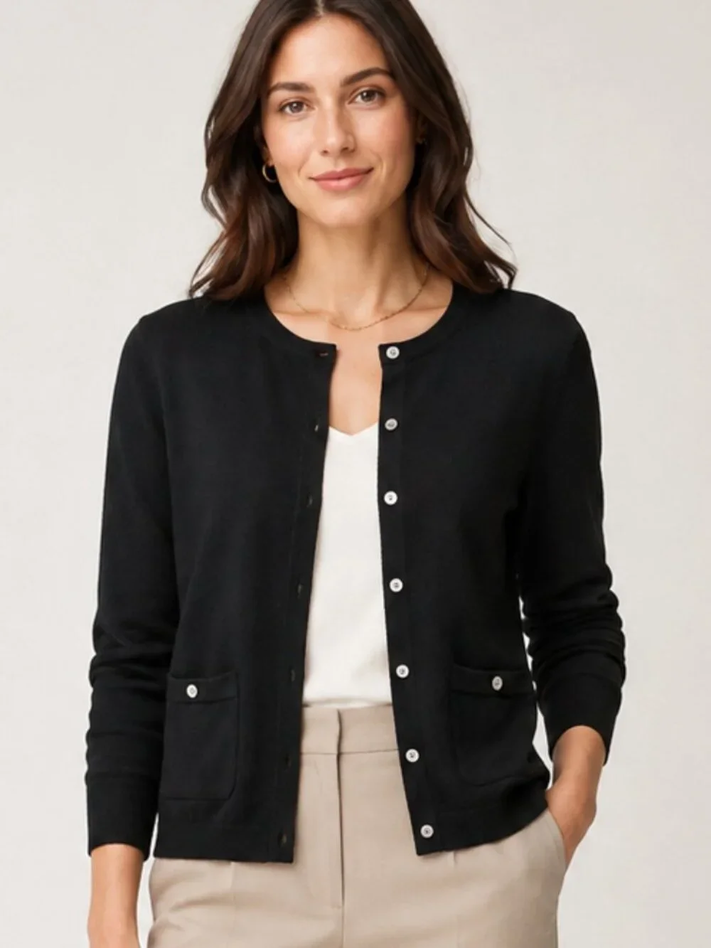 J. Crew Black Cropped Button Front Cardigan Sweater Pockets Large